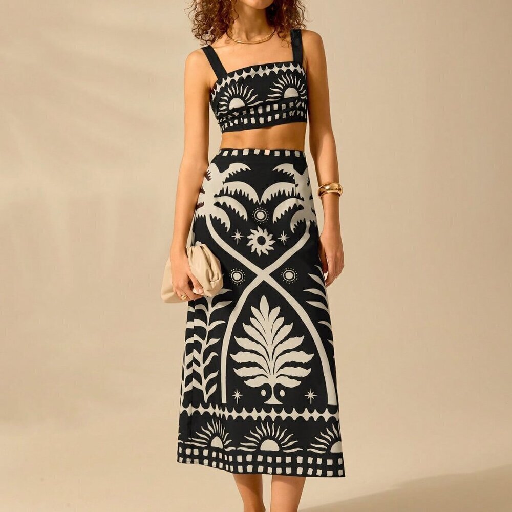 Black Boho Women's Coconut Print Cropped Cami Top And Fitted Maxi Skirt Set